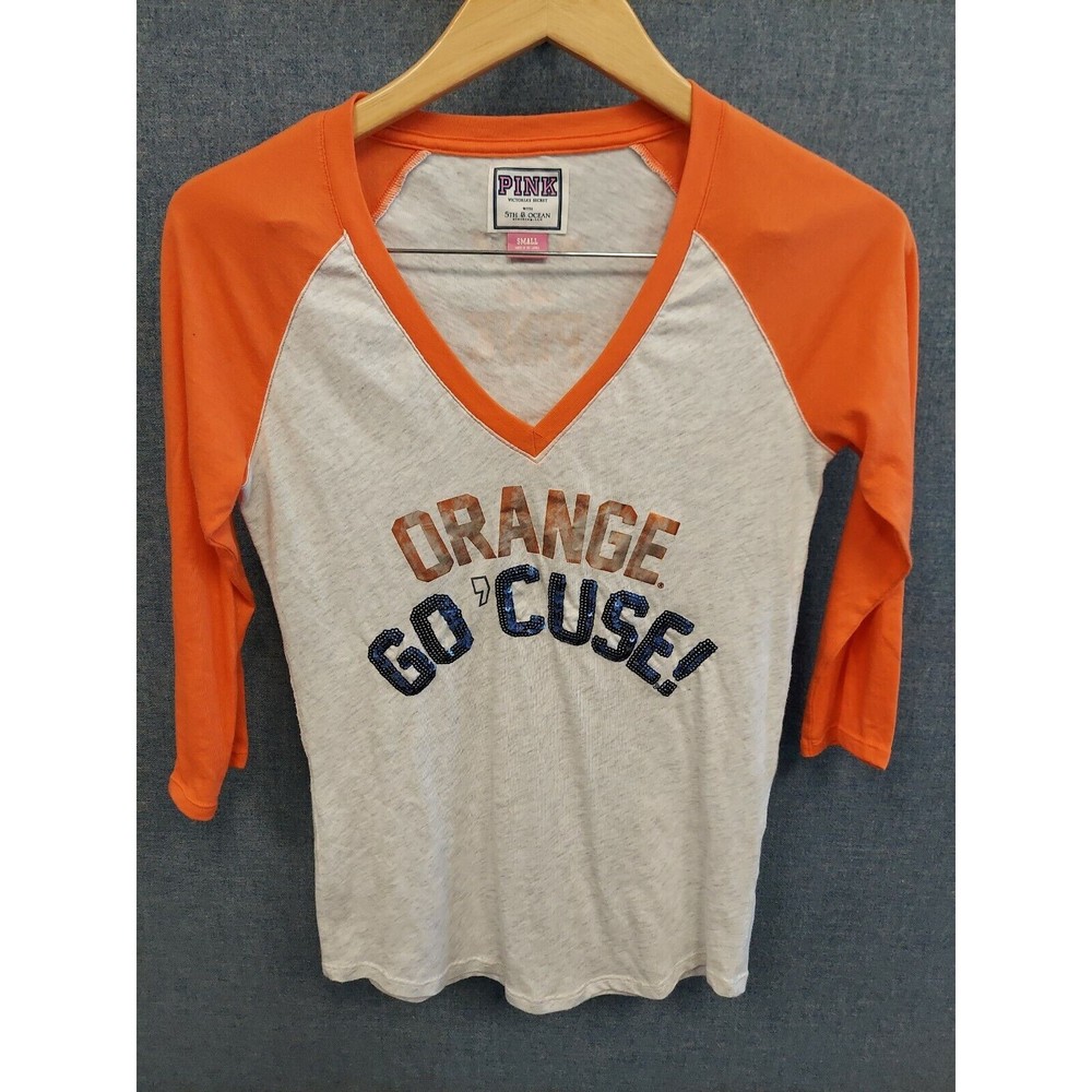 VICTORIAS SECRET PINK COLLEGIATE SYRACUSE "GO'CUSE" ORANGE VNECK 3/4 SLEEVE NWOT